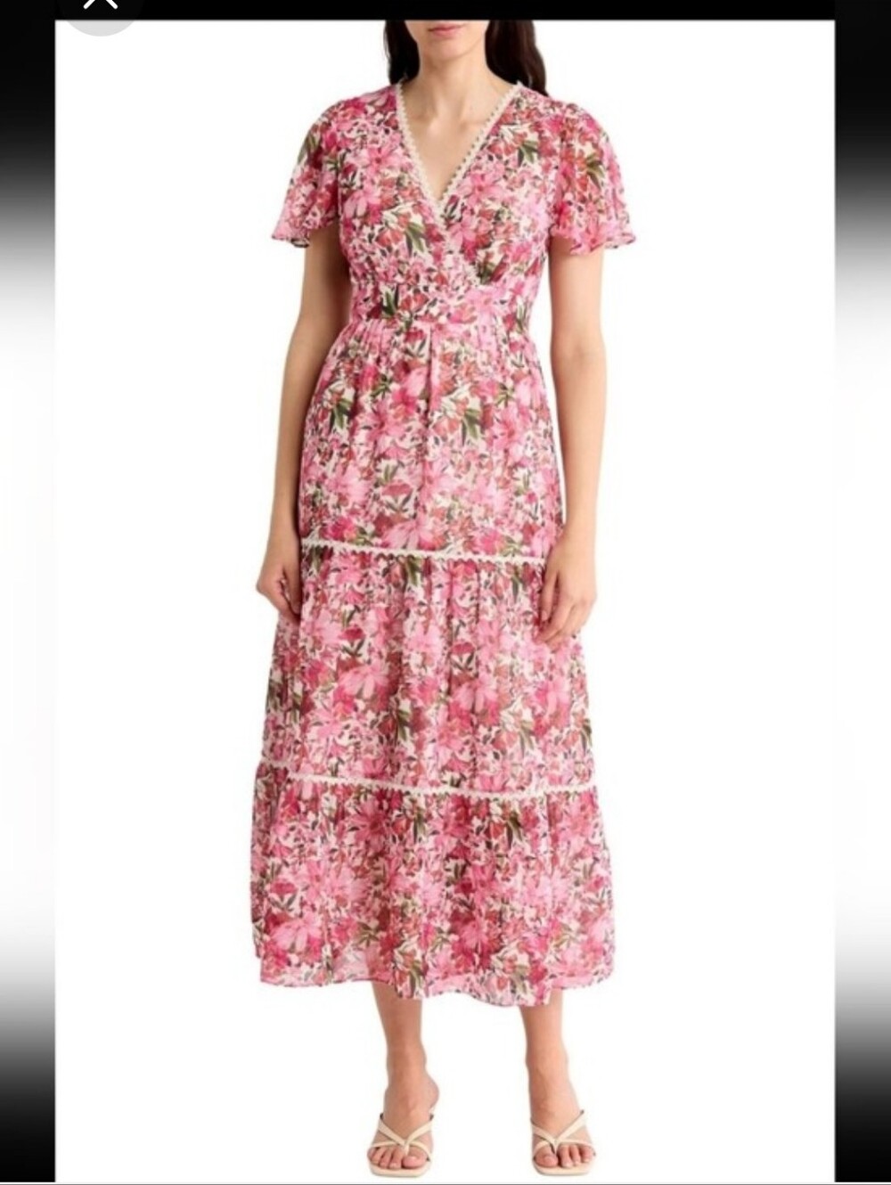 Anne Klein NWT Pink Floral Lace Trim Tiered Maxi Dress Size 14 $159